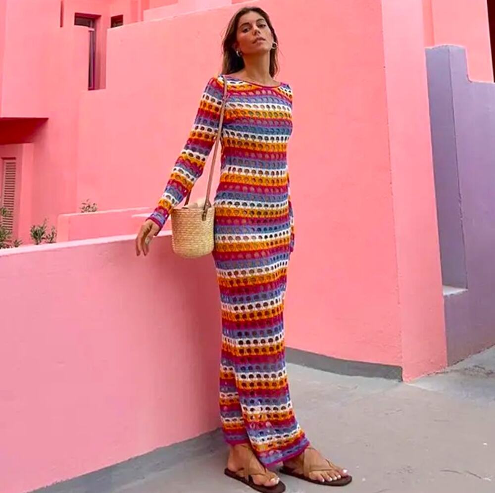 Mango NWT Rainbow Crochet Striped Maxi Dress 6